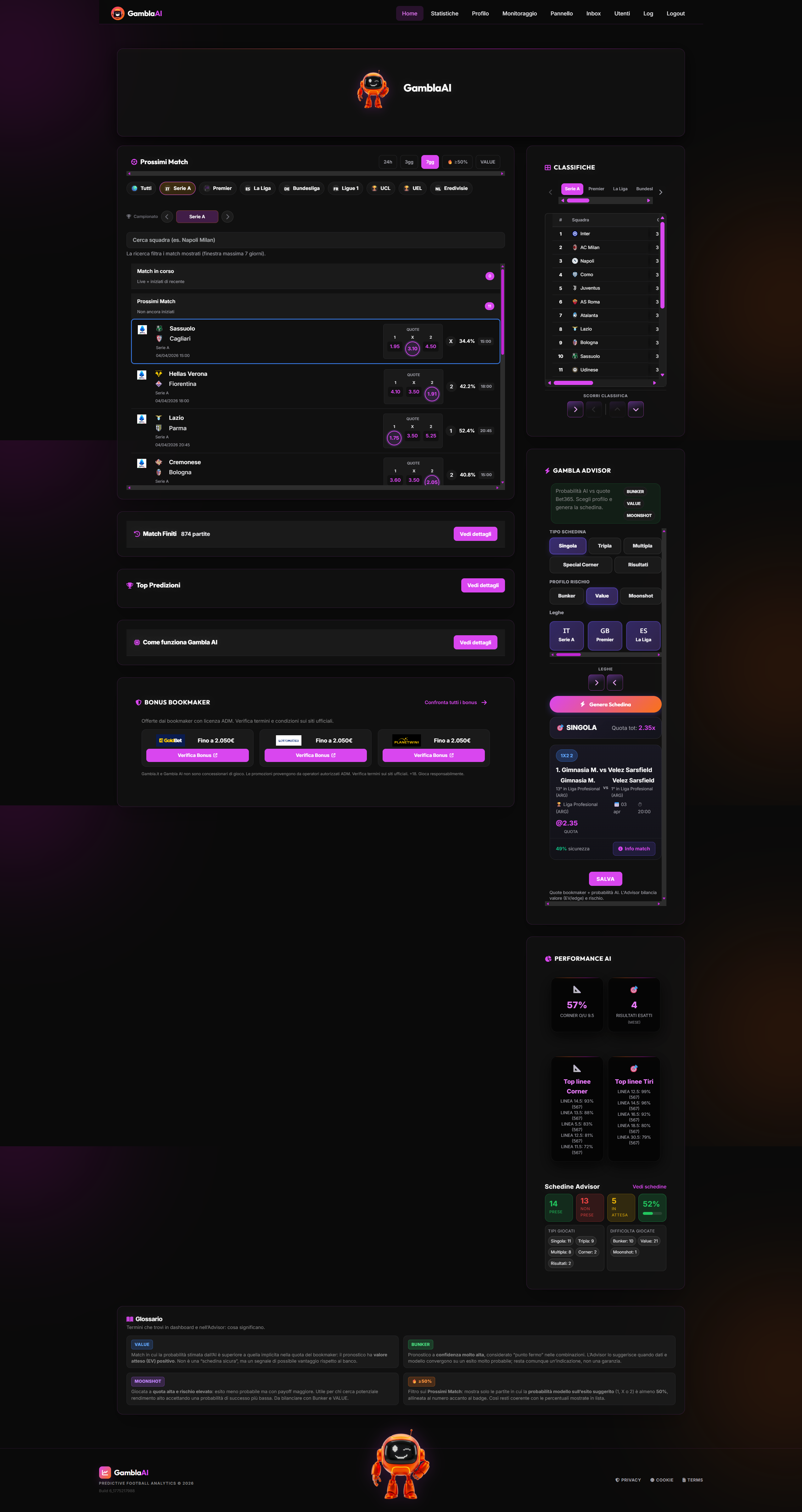 Gambla AI — dashboard desktop, prossimi match e sidebar