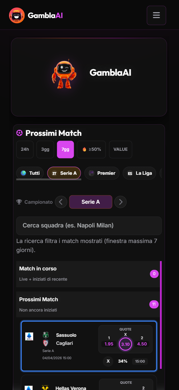 Gambla AI — home e prossimi match su mobile